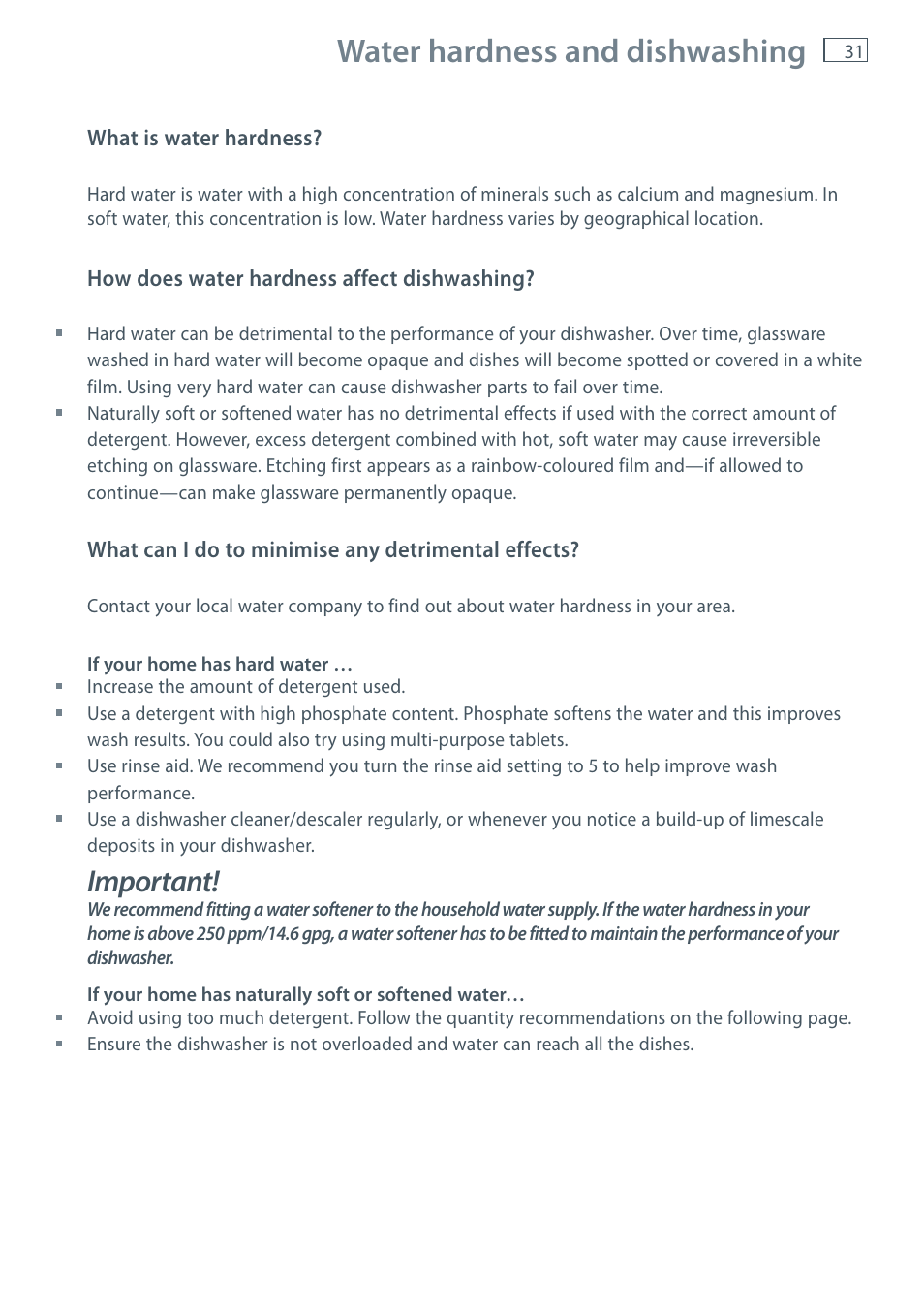 Water hardness and dishwashing, Important | Fisher & Paykel DW60CE User Manual | Page 33 / 48