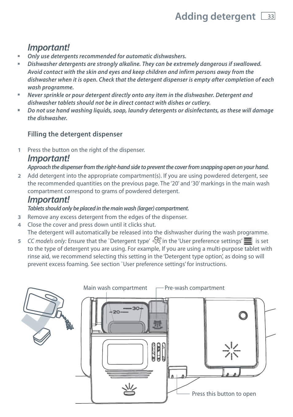 Adding detergent, Important | Fisher & Paykel DW60CE User Manual | Page 35 / 48