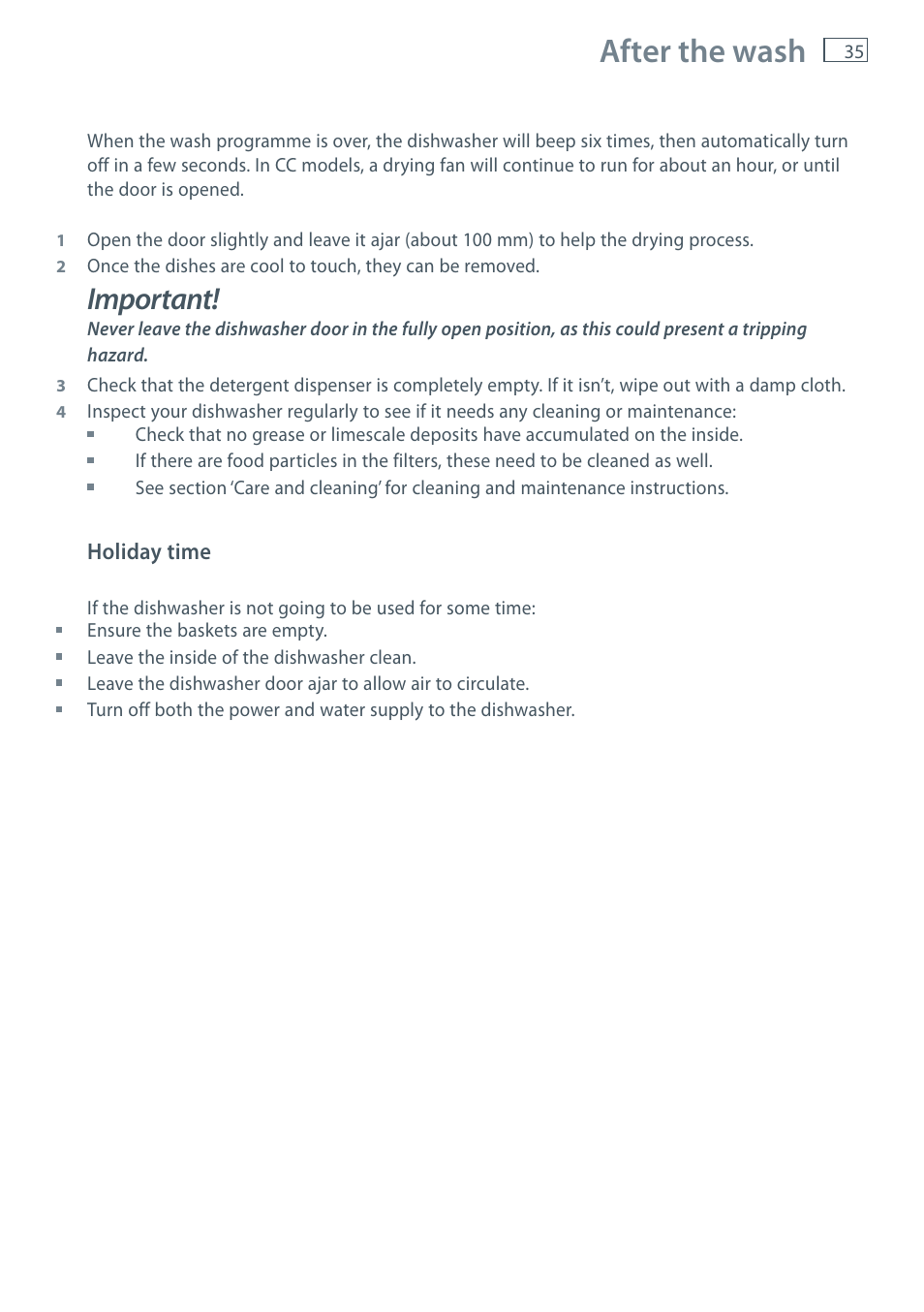 After the wash, Important | Fisher & Paykel DW60CE User Manual | Page 37 / 48