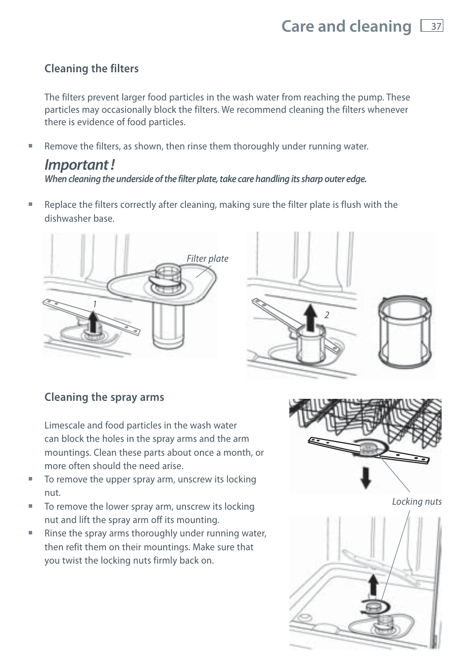 Care and cleaning, Important | Fisher & Paykel DW60CE User Manual | Page 39 / 48