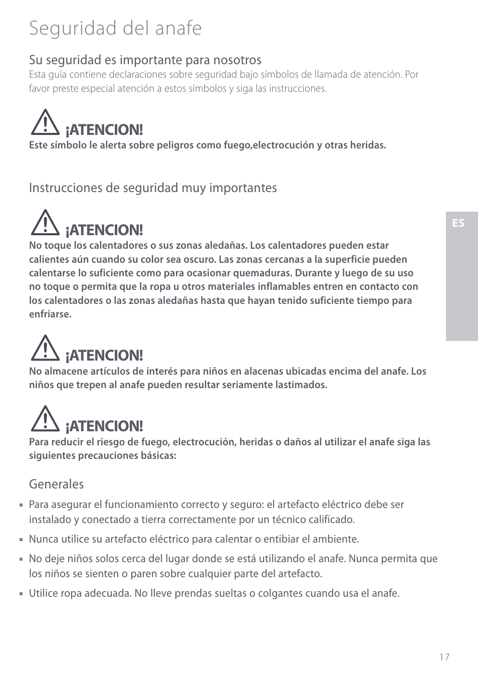 Seguridad del anafe, Atencion | Fisher & Paykel CE901 User Manual | Page 19 / 48