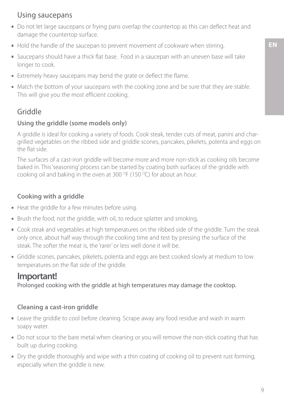 Important, Using saucepans, Griddle | Fisher & Paykel GC912 User Manual | Page 11 / 52