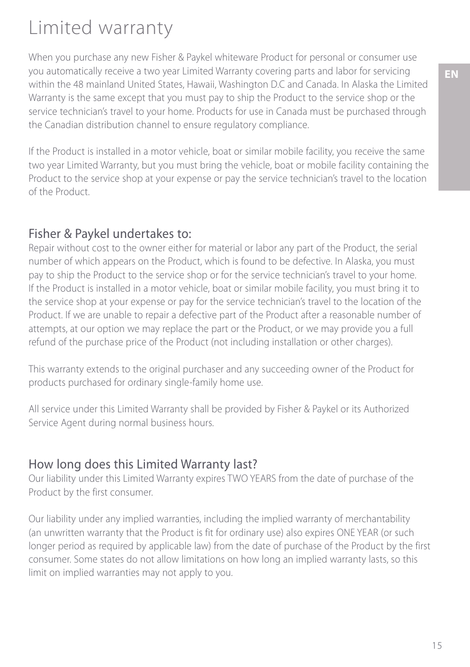 Limited warranty | Fisher & Paykel GC912 User Manual | Page 17 / 52