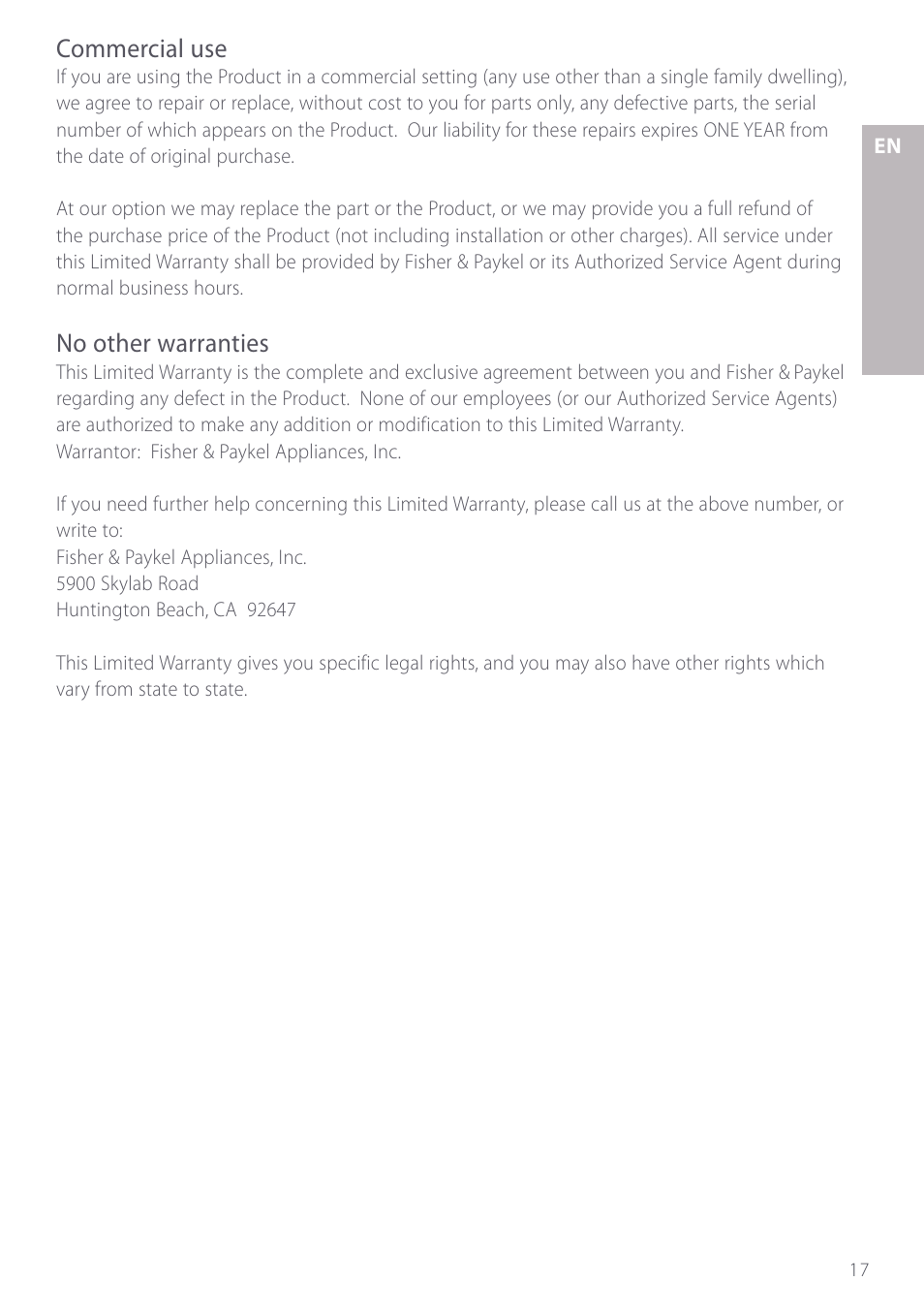 Commercial use, No other warranties | Fisher & Paykel GC912 User Manual | Page 19 / 52