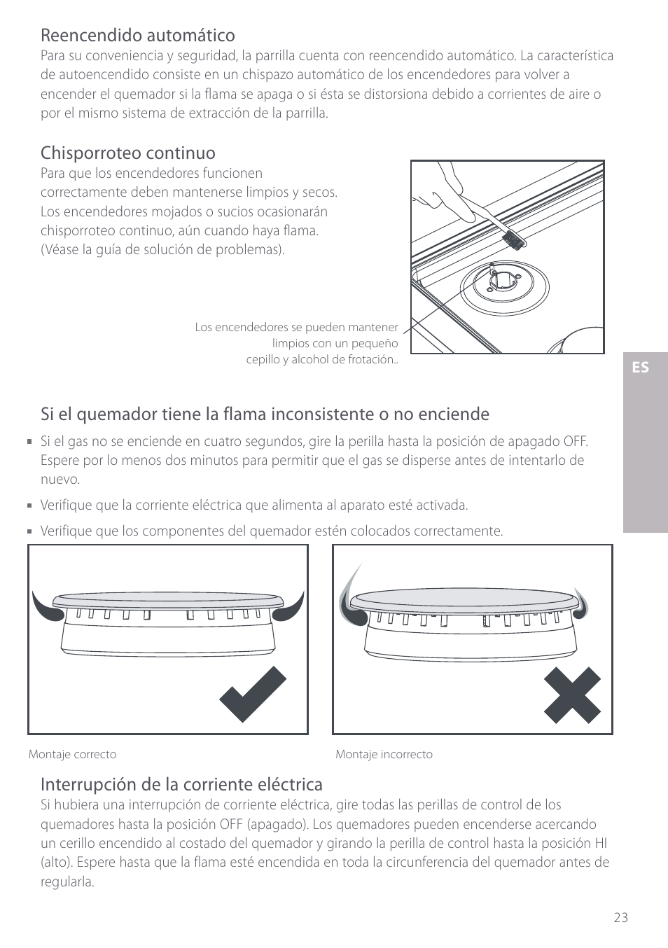 Reencendido automático, Chisporroteo continuo, Interrupción de la corriente eléctrica | Fisher & Paykel GC912 User Manual | Page 25 / 52