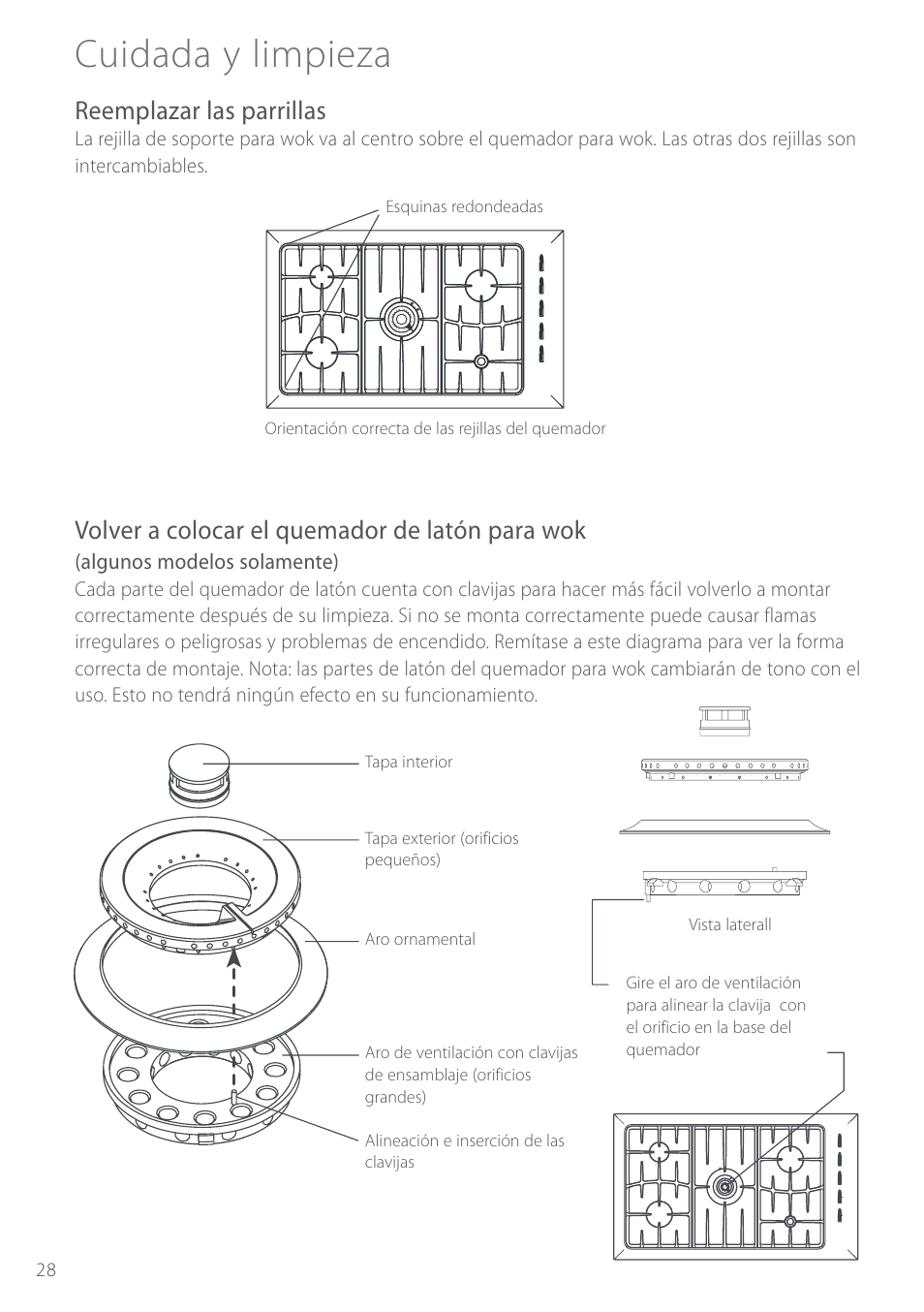 Cuidada y limpieza, Reemplazar las parrillas, Volver a colocar el quemador de latón para wok | Fisher & Paykel GC912 User Manual | Page 30 / 52