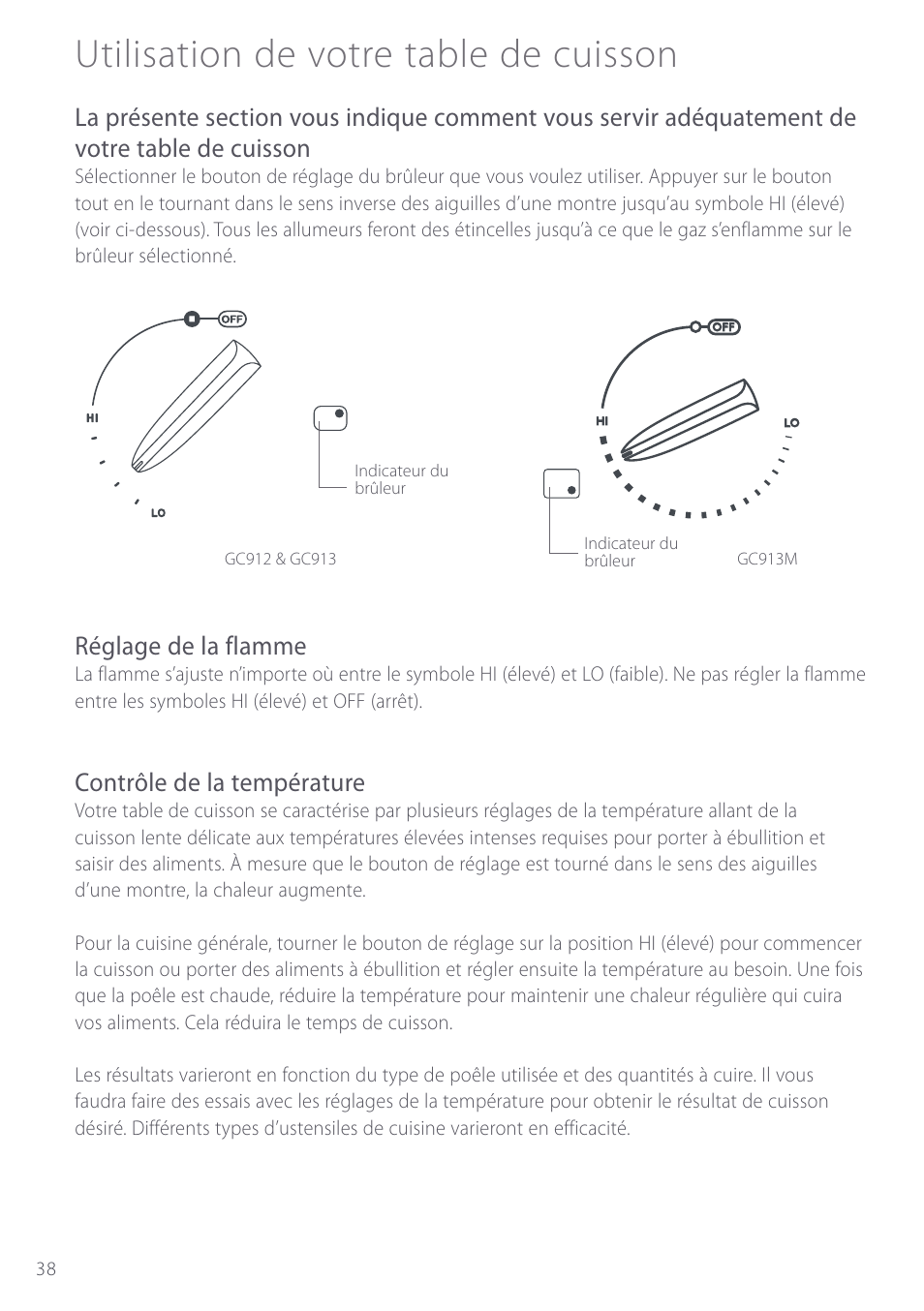 Utilisation de votre table de cuisson, Réglage de la flamme, Contrôle de la température | Fisher & Paykel GC912 User Manual | Page 40 / 52