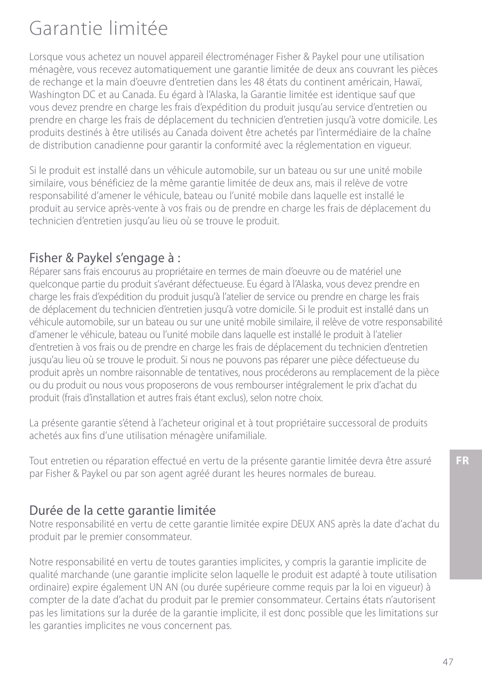 Garantie limitée | Fisher & Paykel GC912 User Manual | Page 49 / 52