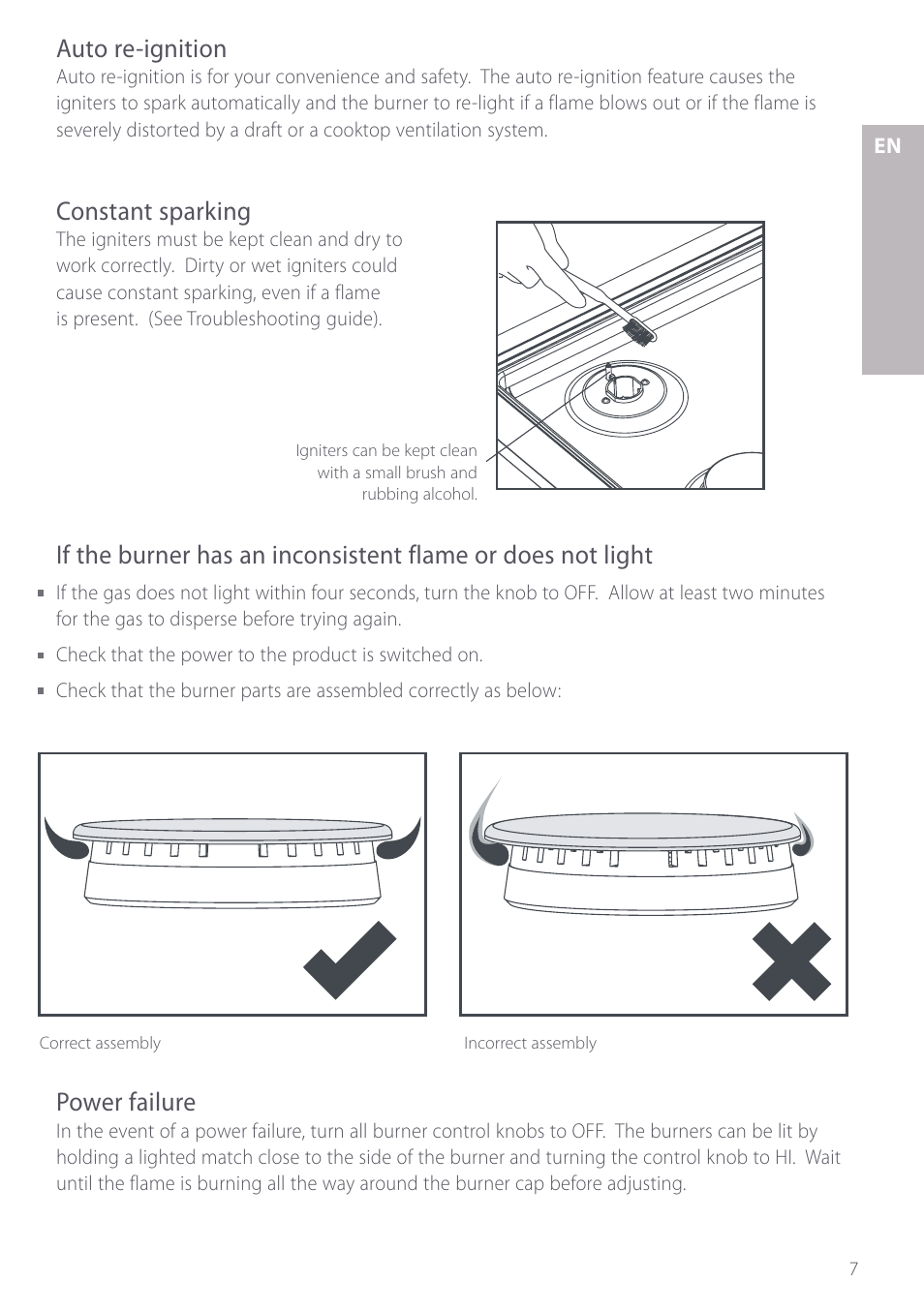 Auto re-ignition, Constant sparking, Power failure | Fisher & Paykel GC912 User Manual | Page 9 / 52