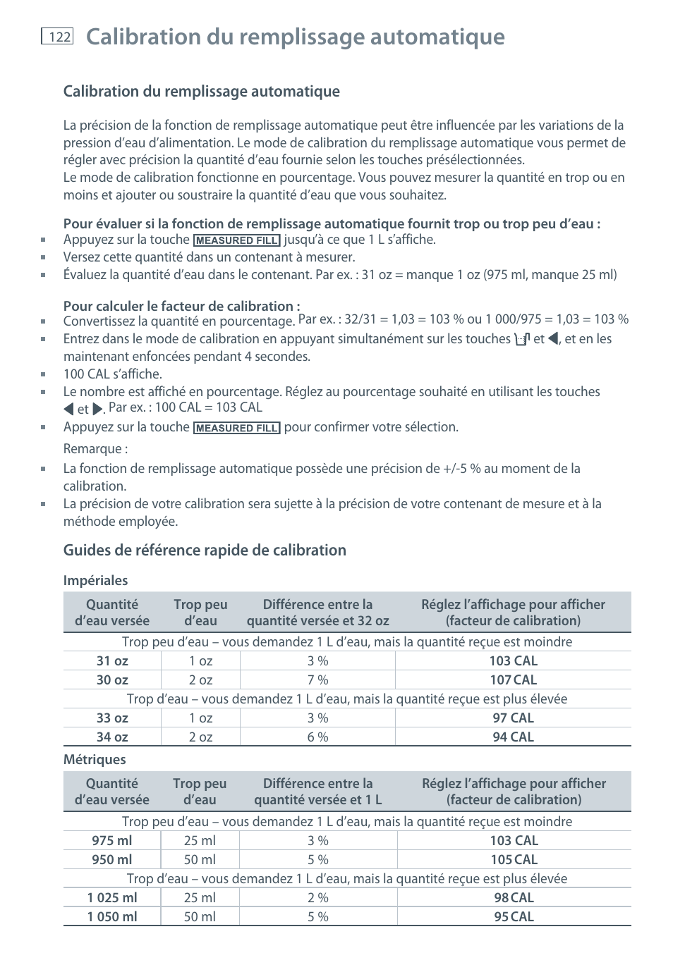 Calibration du remplissage automatique | Fisher & Paykel E522B User Manual | Page 124 / 144