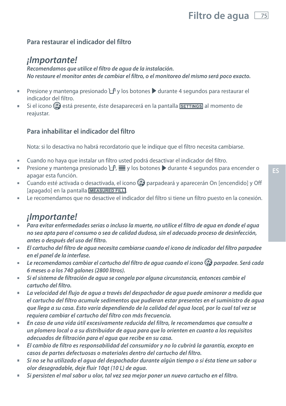 Filtro de agua, Importante | Fisher & Paykel E522B User Manual | Page 77 / 144