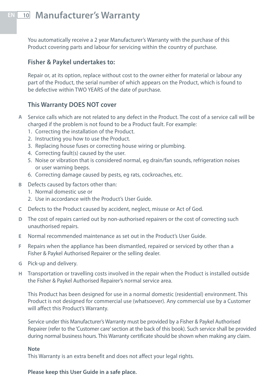 Manufacturer’s warranty | Fisher & Paykel HC60CGX1 User Manual | Page 12 / 80