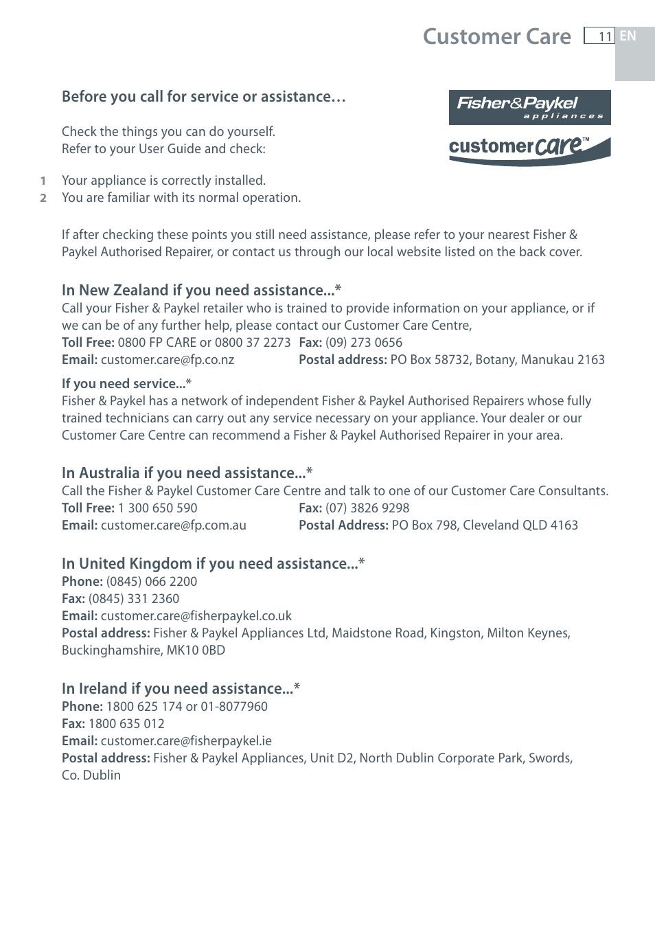 Customer care | Fisher & Paykel HC60CGX1 User Manual | Page 13 / 80