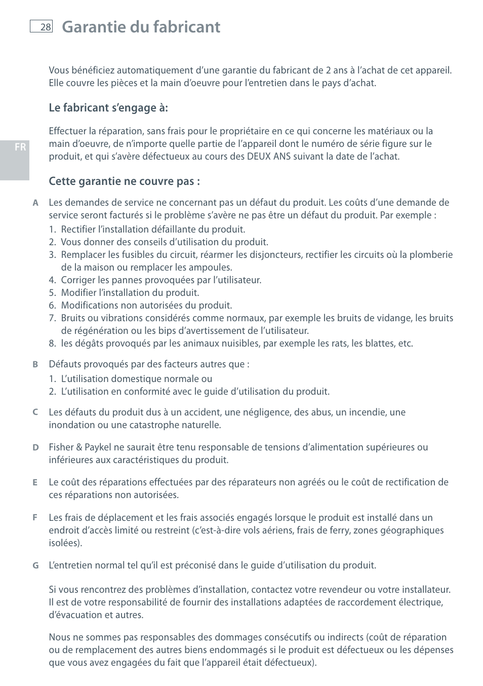 Garantie du fabricant | Fisher & Paykel HC60CGX1 User Manual | Page 30 / 80