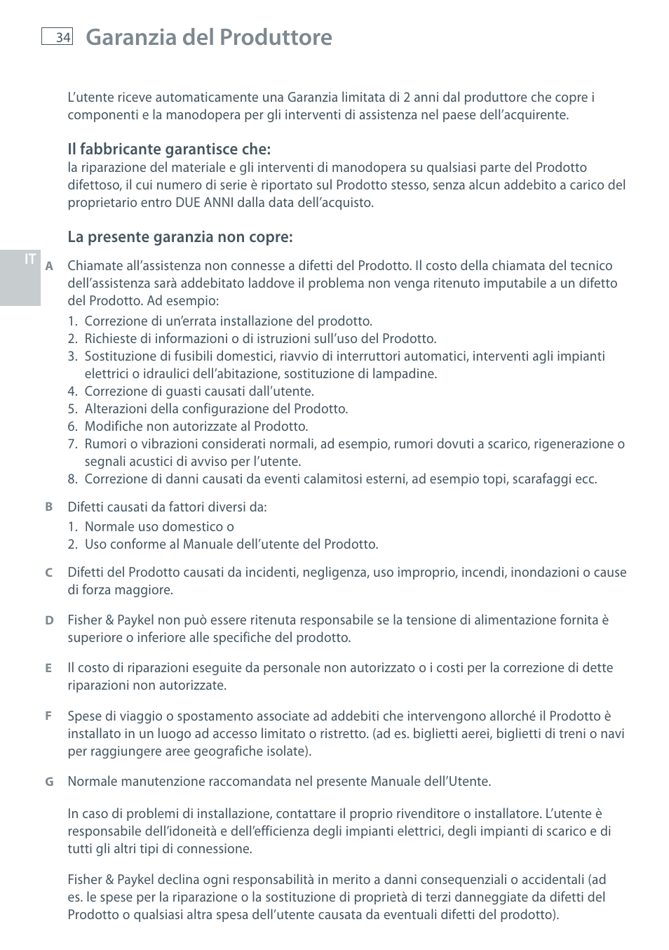 Garanzia del produttore | Fisher & Paykel HC60CGX1 User Manual | Page 36 / 80