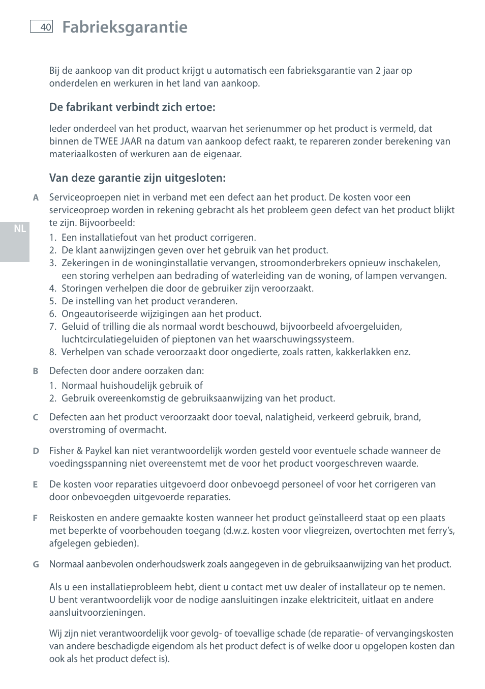 Fabrieksgarantie | Fisher & Paykel HC60CGX1 User Manual | Page 42 / 80
