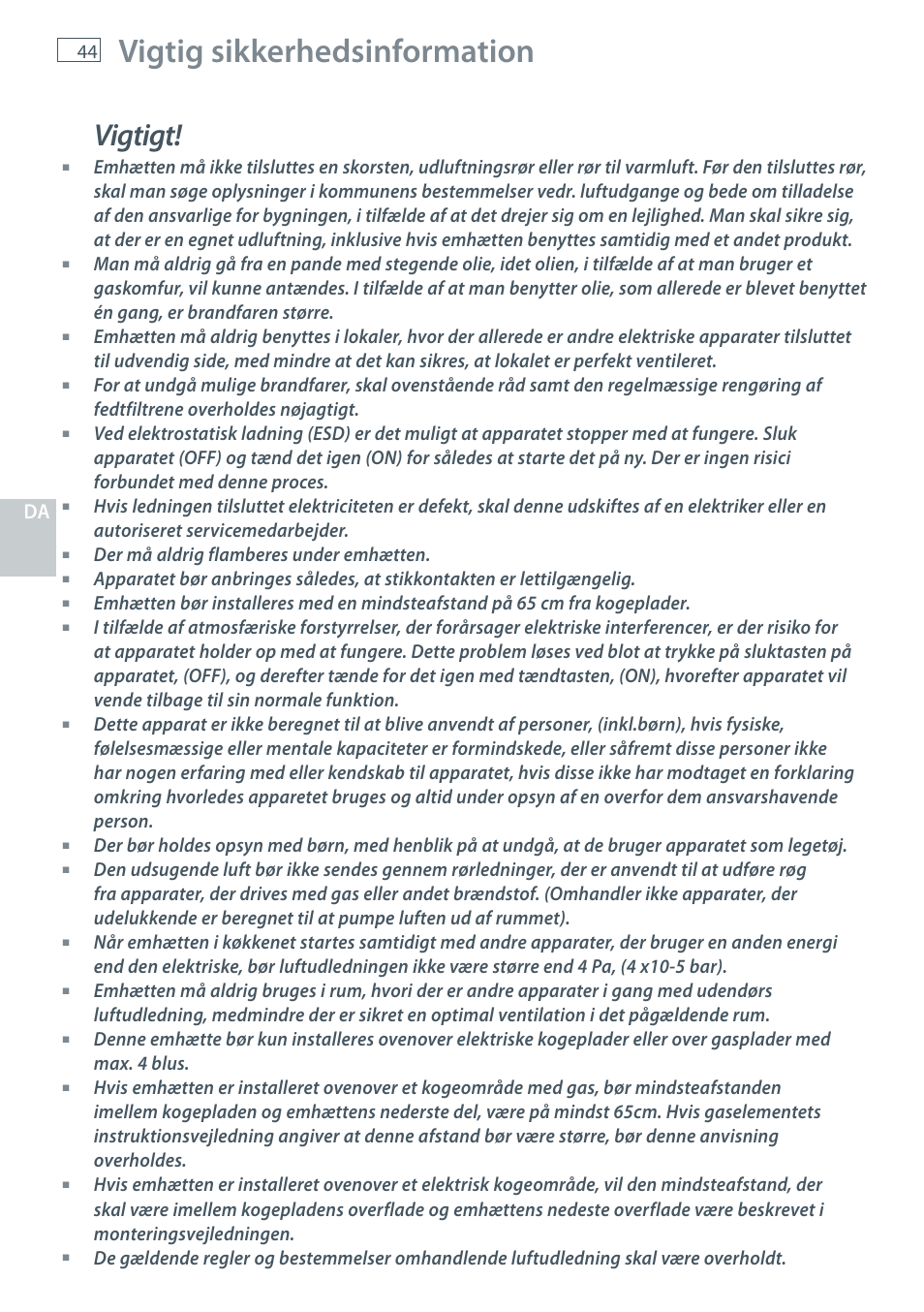 Vigtig sikkerhedsinformation, Vigtigt | Fisher & Paykel HC60CGX1 User Manual | Page 46 / 80