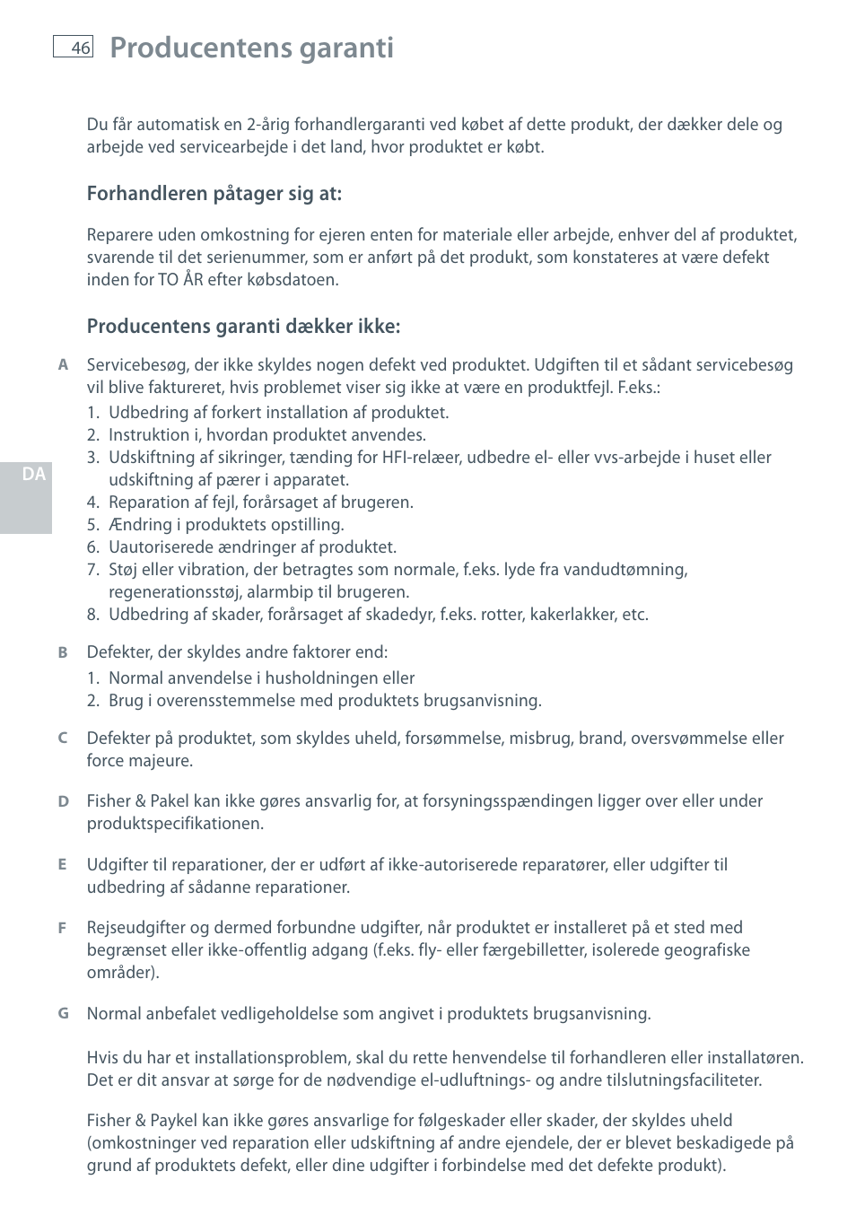 Producentens garanti | Fisher & Paykel HC60CGX1 User Manual | Page 48 / 80