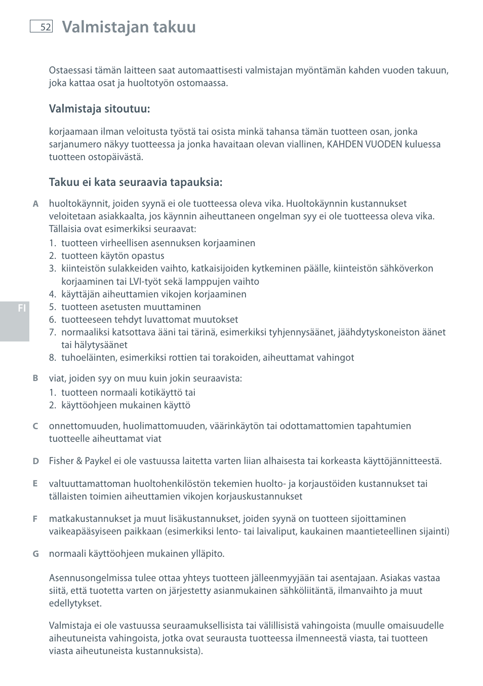 Valmistajan takuu | Fisher & Paykel HC60CGX1 User Manual | Page 54 / 80