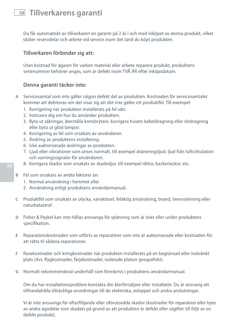 Tillverkarens garanti | Fisher & Paykel HC60CGX1 User Manual | Page 60 / 80