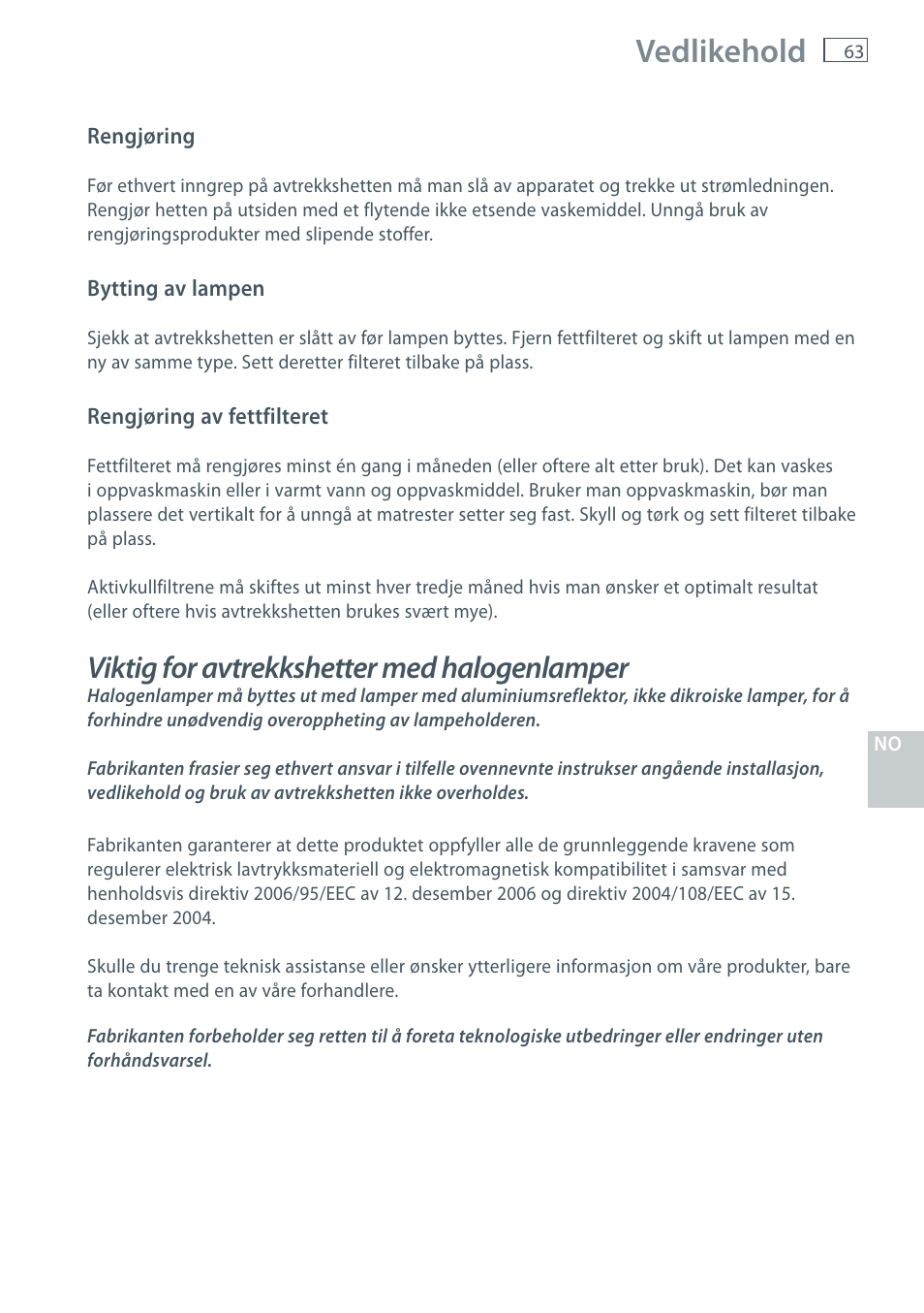 Vedlikehold, Viktig for avtrekkshetter med halogenlamper | Fisher & Paykel HC60CGX1 User Manual | Page 65 / 80