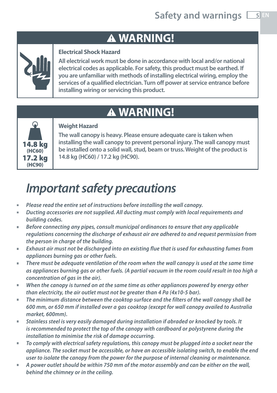 Important safety precautions, Warning, Safety and warnings | 8 kg, 2 kg, 8 kg 17.2 kg | Fisher & Paykel HC60CGX1 User Manual | Page 7 / 80