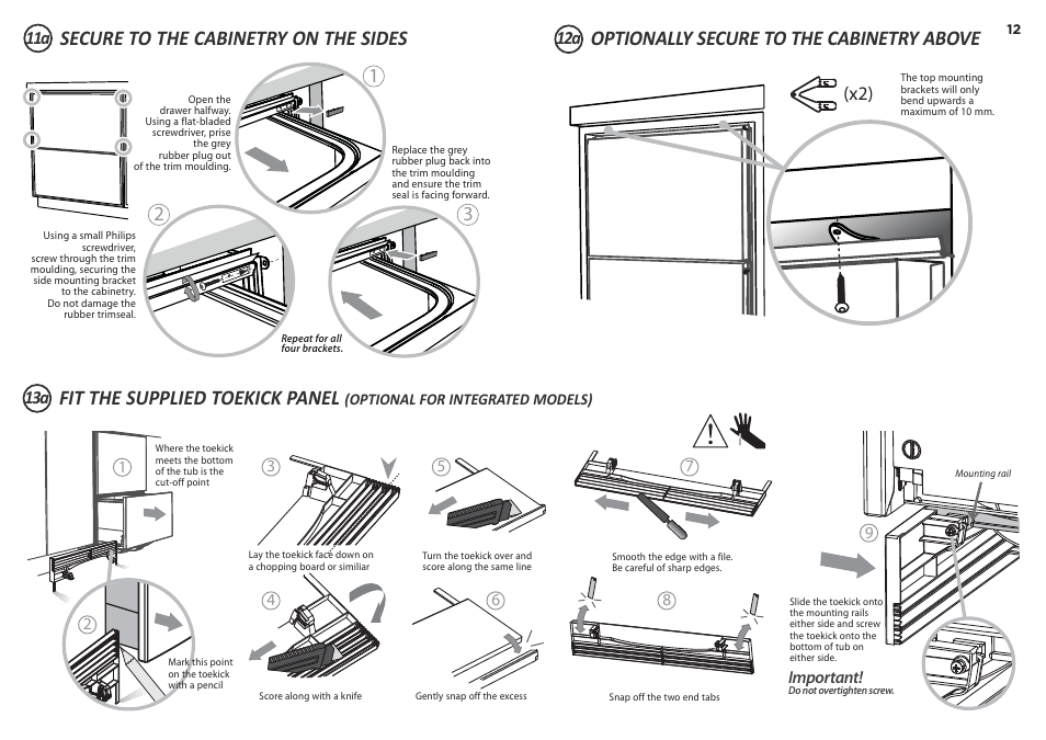 Fit the supplied toekick panel, Secure to the cabinetry on the sides, Optionally secure to the cabinetry above | Fisher & Paykel DD60D 7 User Manual | Page 12 / 21