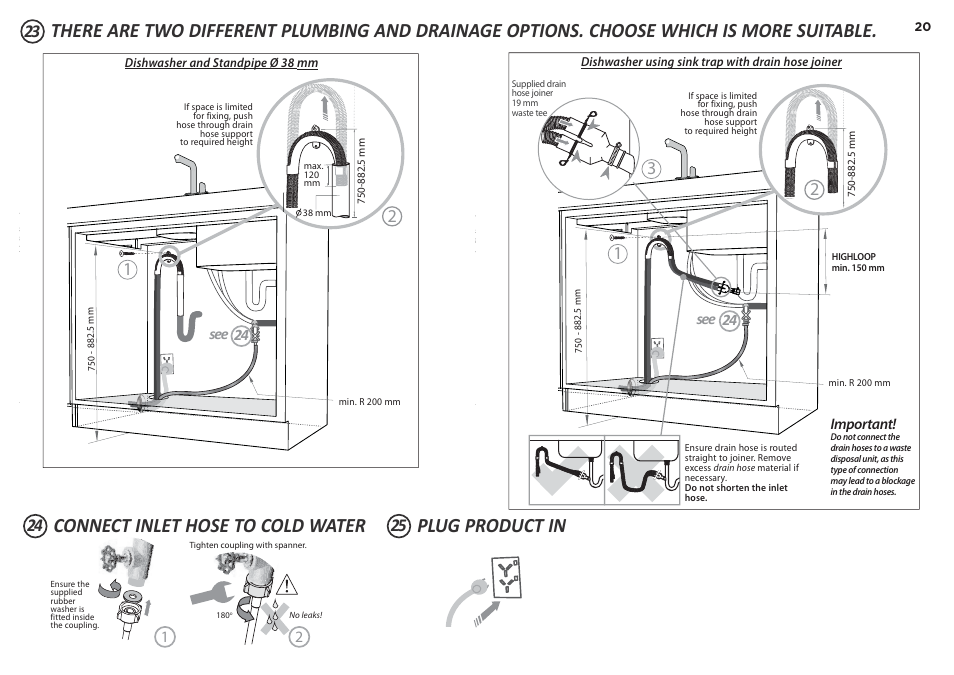 Connect inlet hose to cold water plug product in | Fisher & Paykel DD60D 7 User Manual | Page 20 / 21