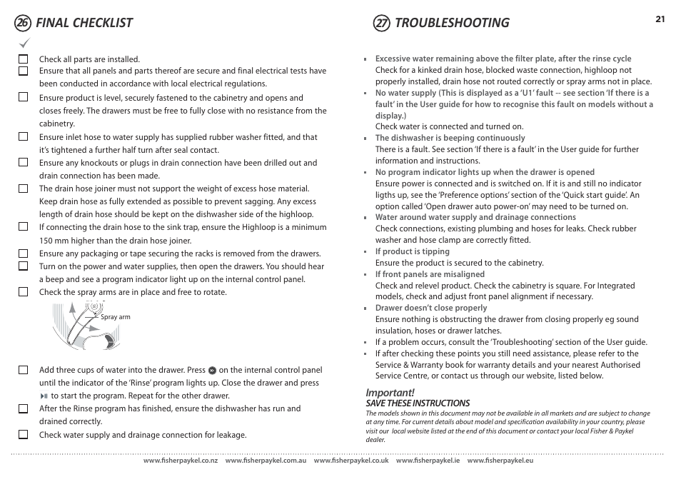 Final checklist troubleshooting | Fisher & Paykel DD60D 7 User Manual | Page 21 / 21
