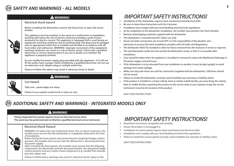 Important safety instructions, 2a 2b | Fisher & Paykel DD60D 7 User Manual | Page 3 / 21