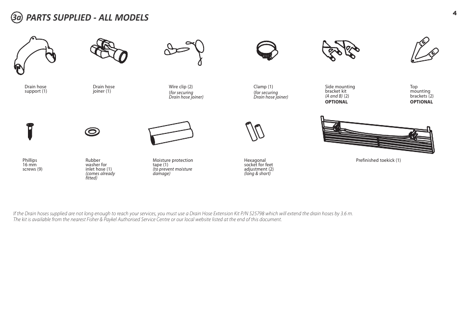 Parts supplied - all models | Fisher & Paykel DD60D 7 User Manual | Page 4 / 21