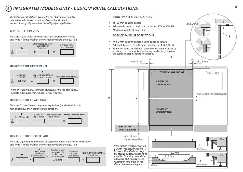 Integrated models only - custom panel calculations | Fisher & Paykel DD60D 7 User Manual | Page 8 / 21