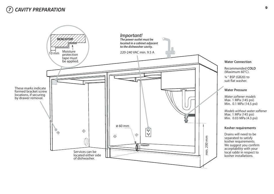 Cavity preparation, Important | Fisher & Paykel DD60D 7 User Manual | Page 9 / 21