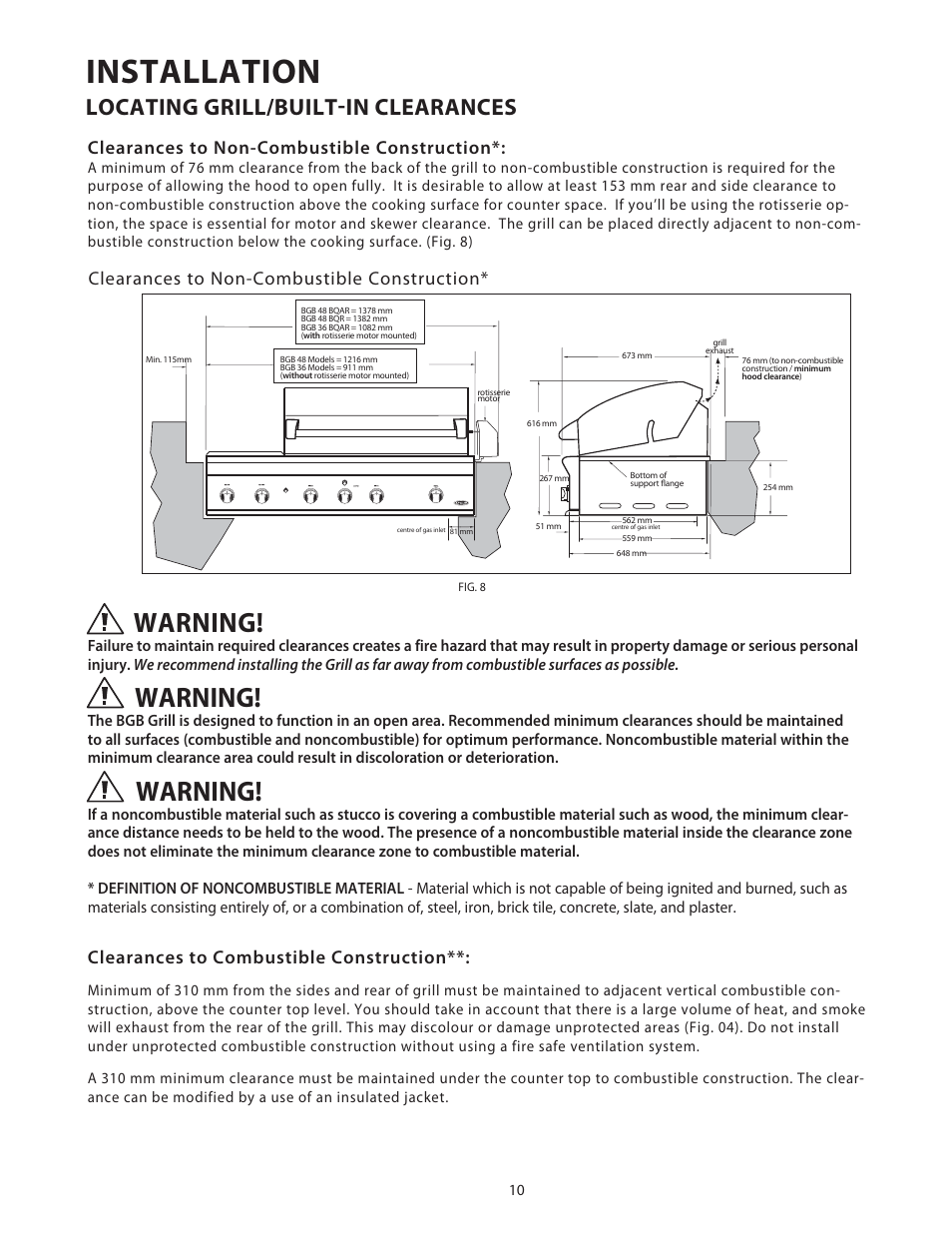 Installation, Warning, Locating grill/built-in clearances | Clearances to combustible construction | Fisher & Paykel BGB48 User Manual | Page 12 / 48