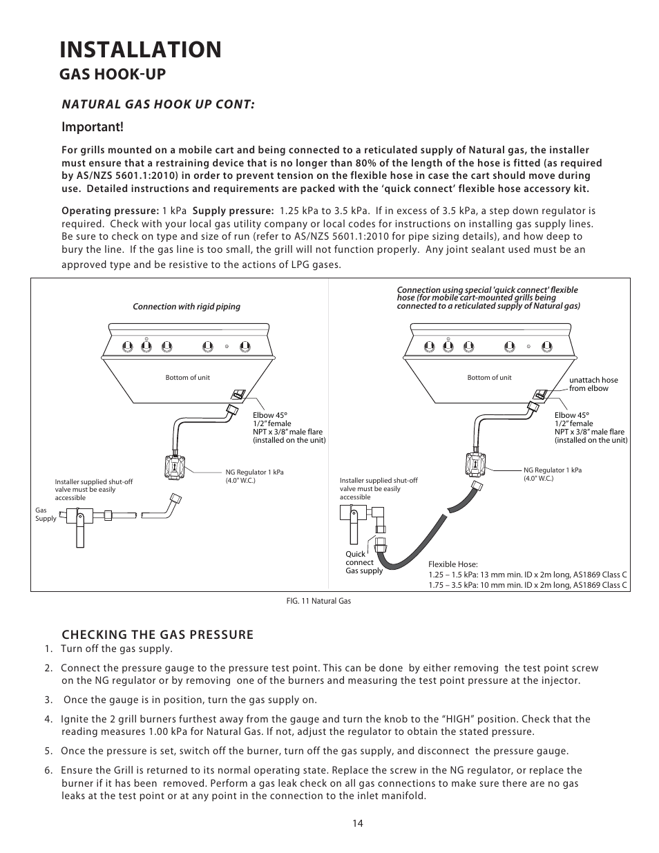 Installation, Gas hook-up, Important | Natural gas hook up cont, Checking the gas pressure | Fisher & Paykel BGB48 User Manual | Page 16 / 48