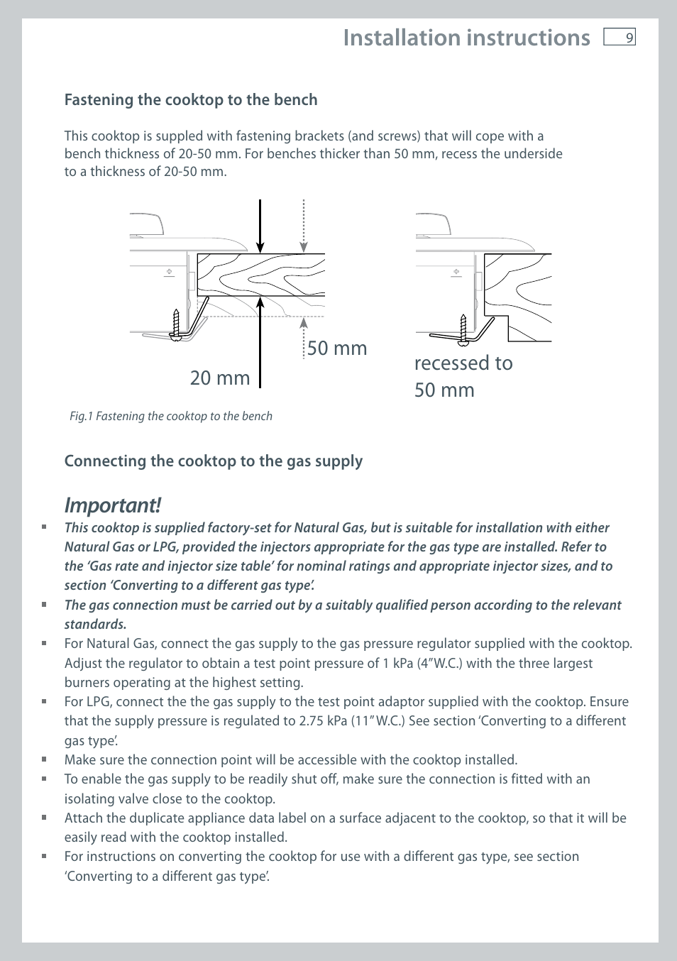 Installation instructions, Important | Fisher & Paykel CG905 User Manual | Page 11 / 36