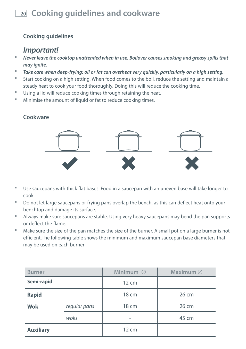 Cooking guidelines and cookware, Important | Fisher & Paykel CG905 User Manual | Page 22 / 36
