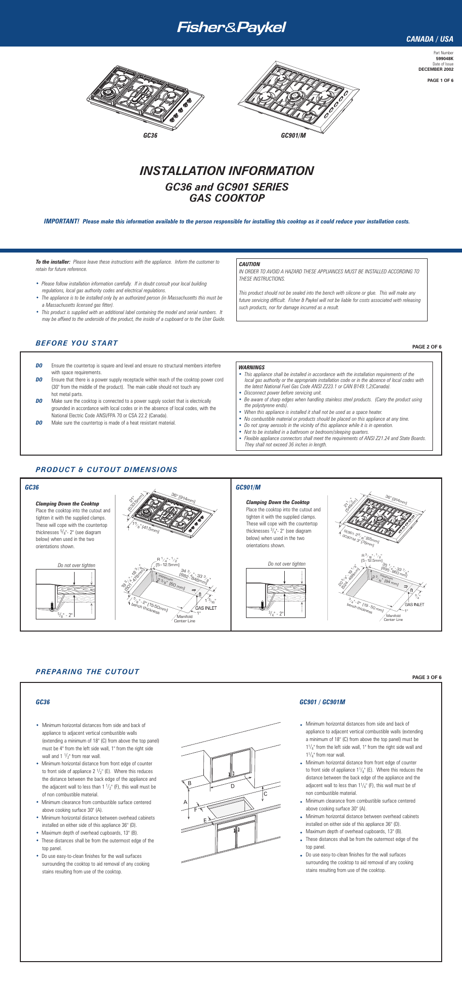 Installation information, Canada / usa, Gc36 | Fisher & Paykel GC36 User Manual | Page 2 / 6