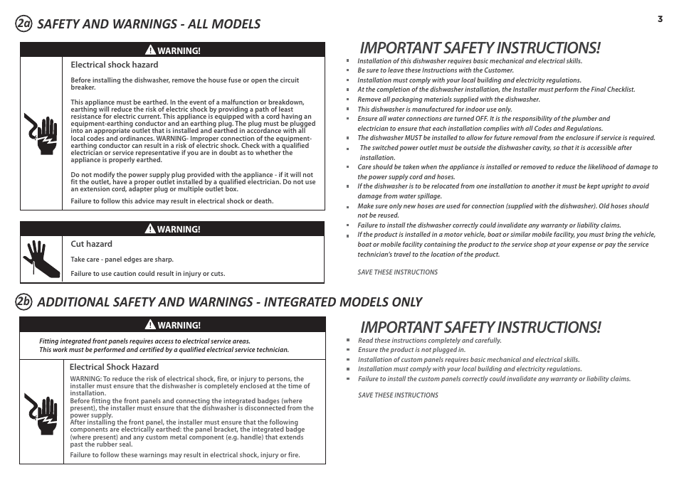 Important safety instructions, 2a 2b | Fisher & Paykel DD60S 7 User Manual | Page 3 / 23