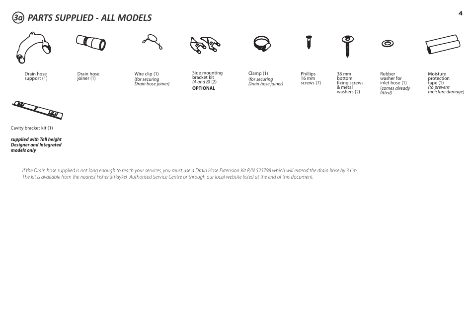 Parts supplied - all models | Fisher & Paykel DD60S 7 User Manual | Page 4 / 23