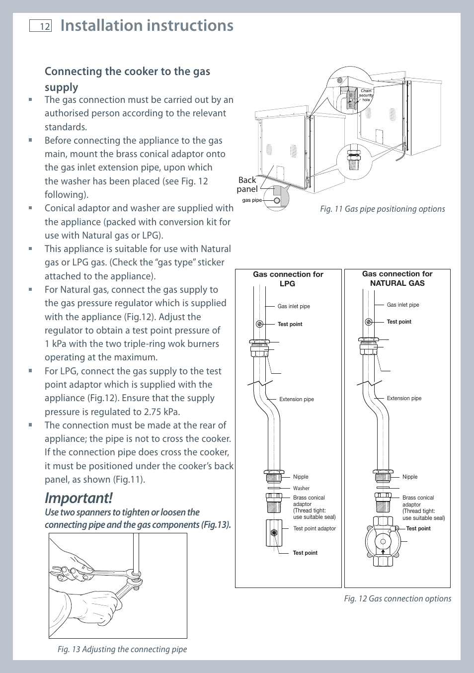 Installation instructions, Important, Connecting the cooker to the gas supply | Fisher & Paykel OR120 User Manual | Page 14 / 52