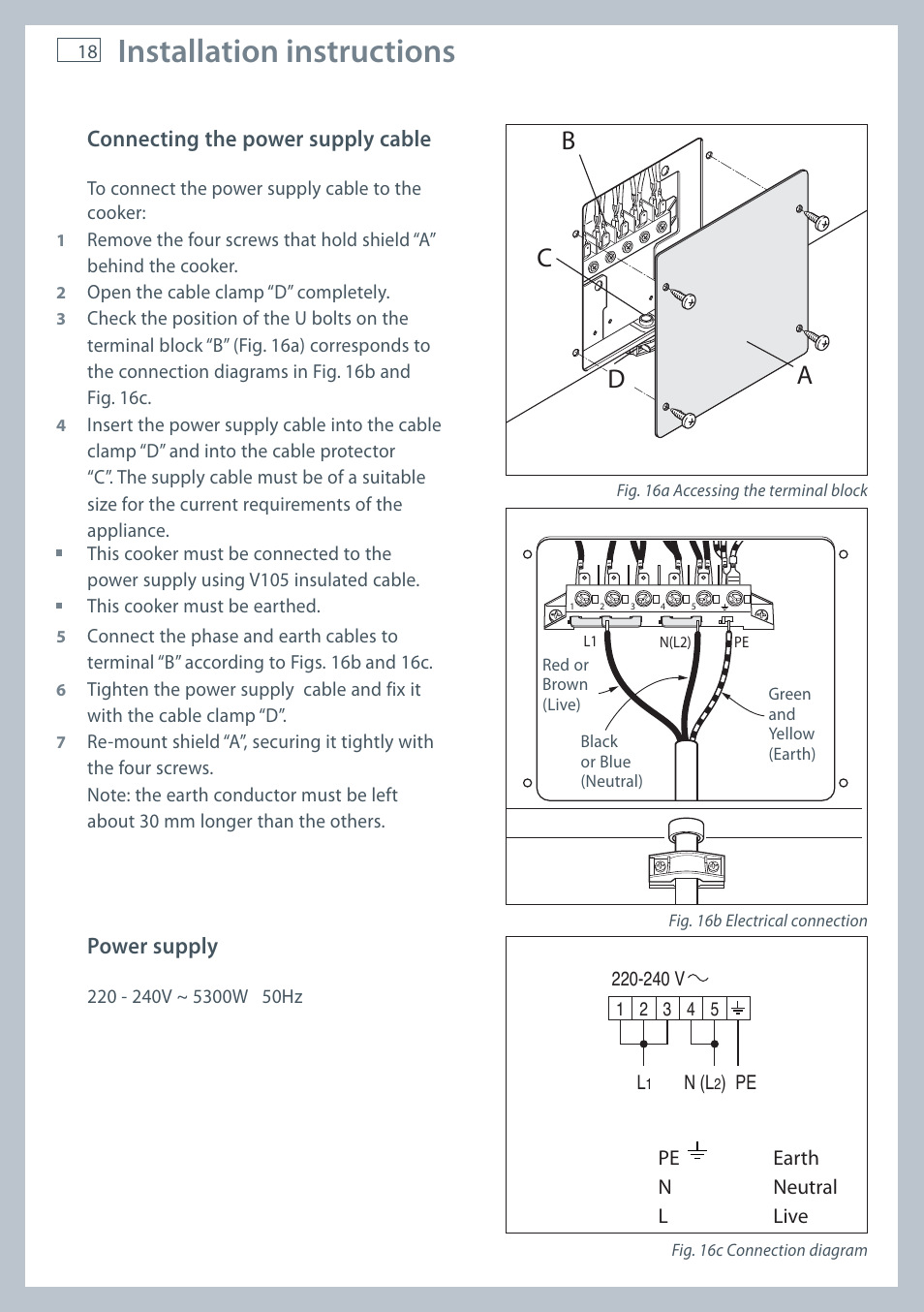 Installation instructions, Cd a b, Power supply | Connecting the power supply cable | Fisher & Paykel OR120 User Manual | Page 20 / 52