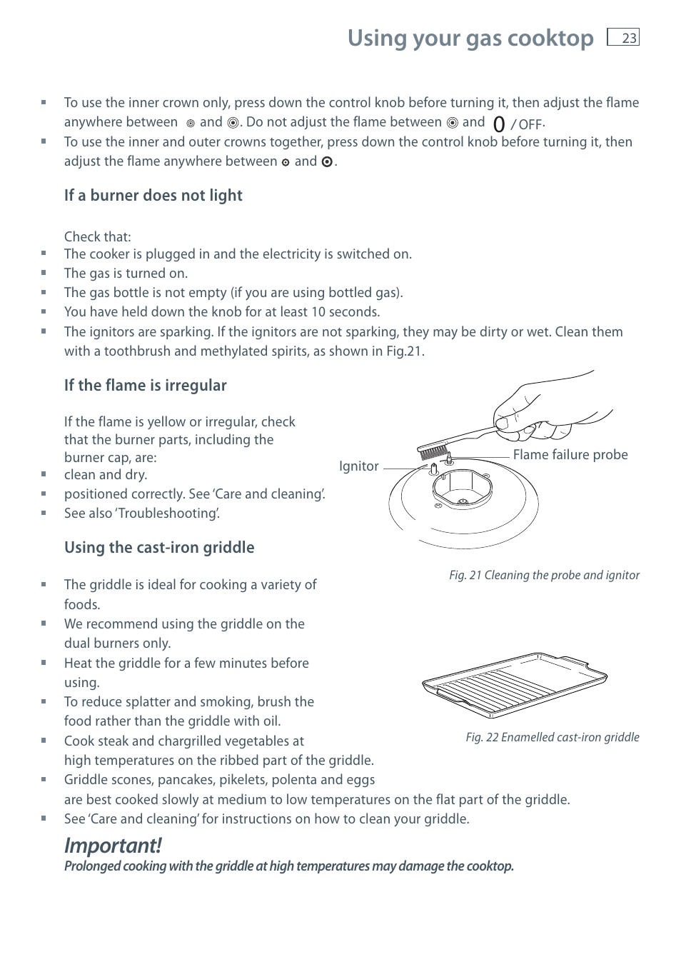 Using your gas cooktop, Important | Fisher & Paykel OR120 User Manual | Page 25 / 52