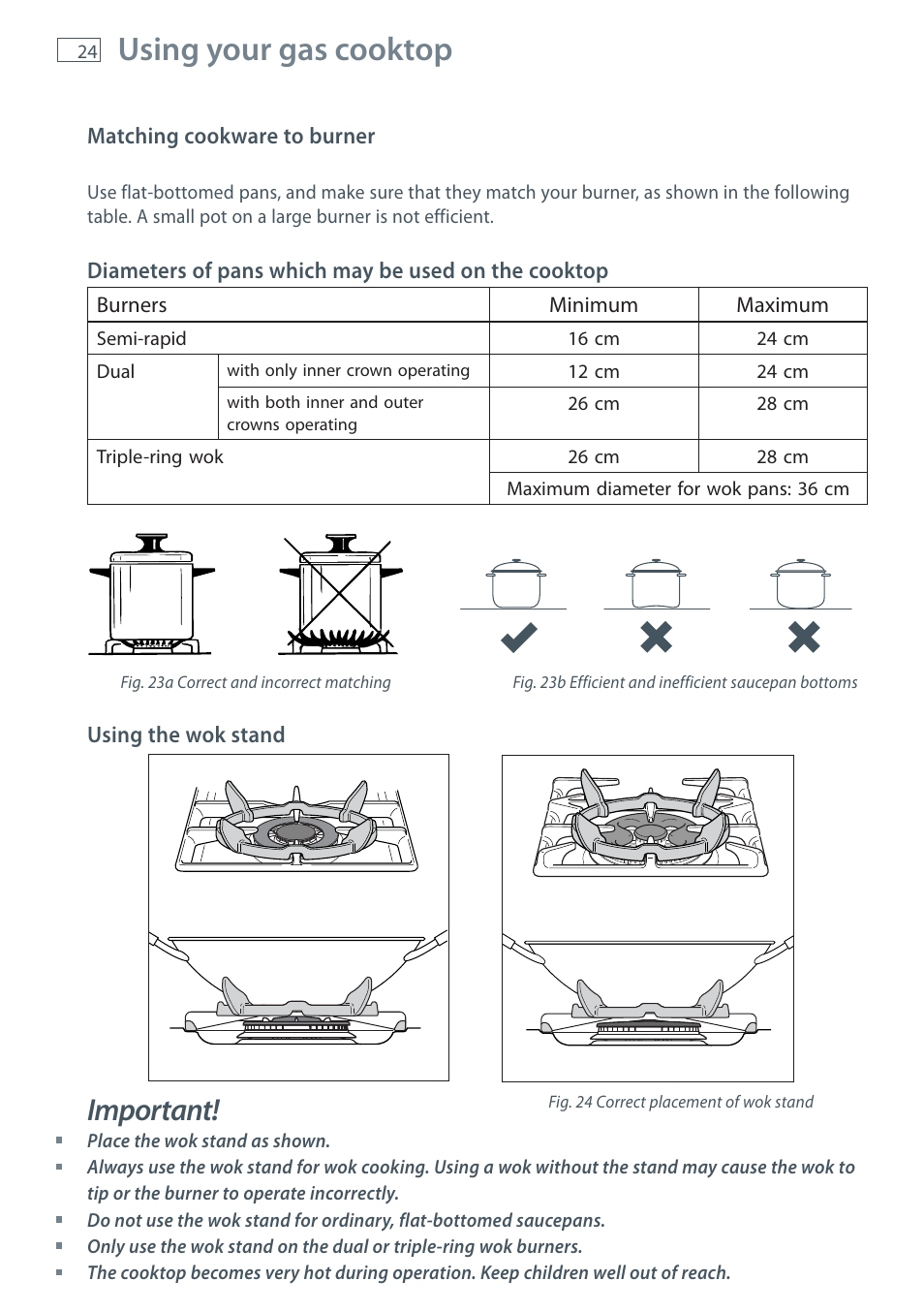 Using your gas cooktop, Important | Fisher & Paykel OR120 User Manual | Page 26 / 52
