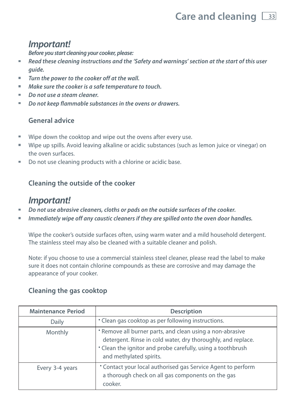 Care and cleaning, Important | Fisher & Paykel OR120 User Manual | Page 35 / 52
