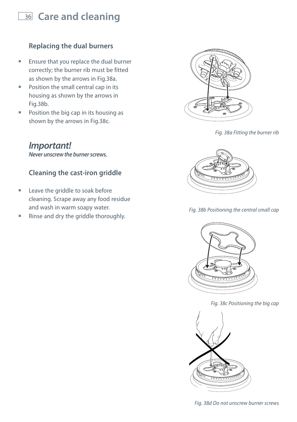 Care and cleaning, Important | Fisher & Paykel OR120 User Manual | Page 38 / 52
