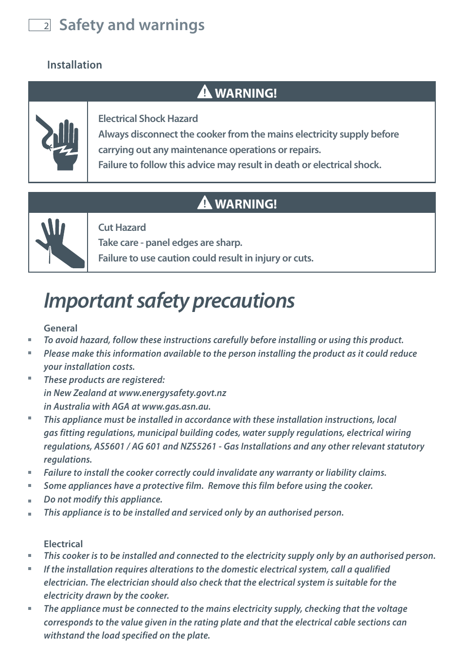 Important safety precautions, Safety and warnings, Warning | Fisher & Paykel OR120 User Manual | Page 4 / 52
