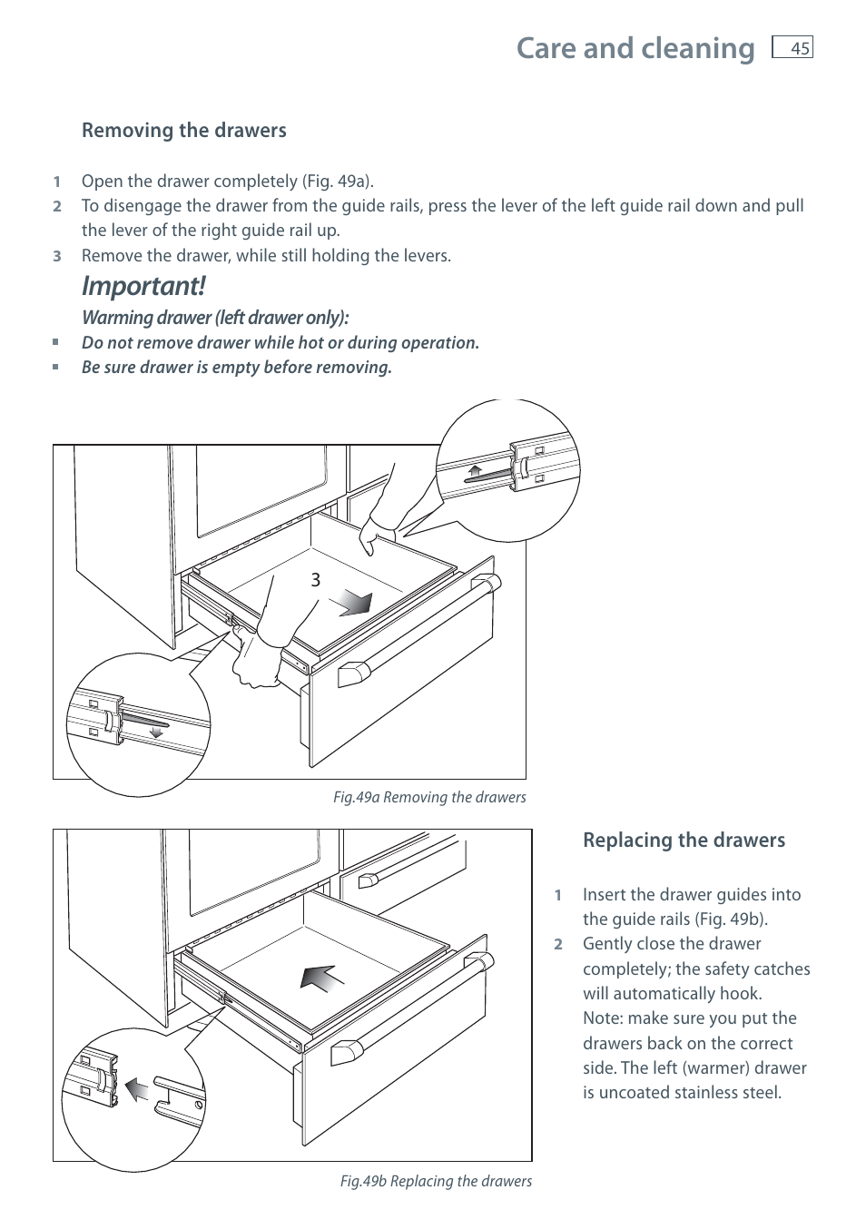 Care and cleaning, Important | Fisher & Paykel OR120 User Manual | Page 47 / 52