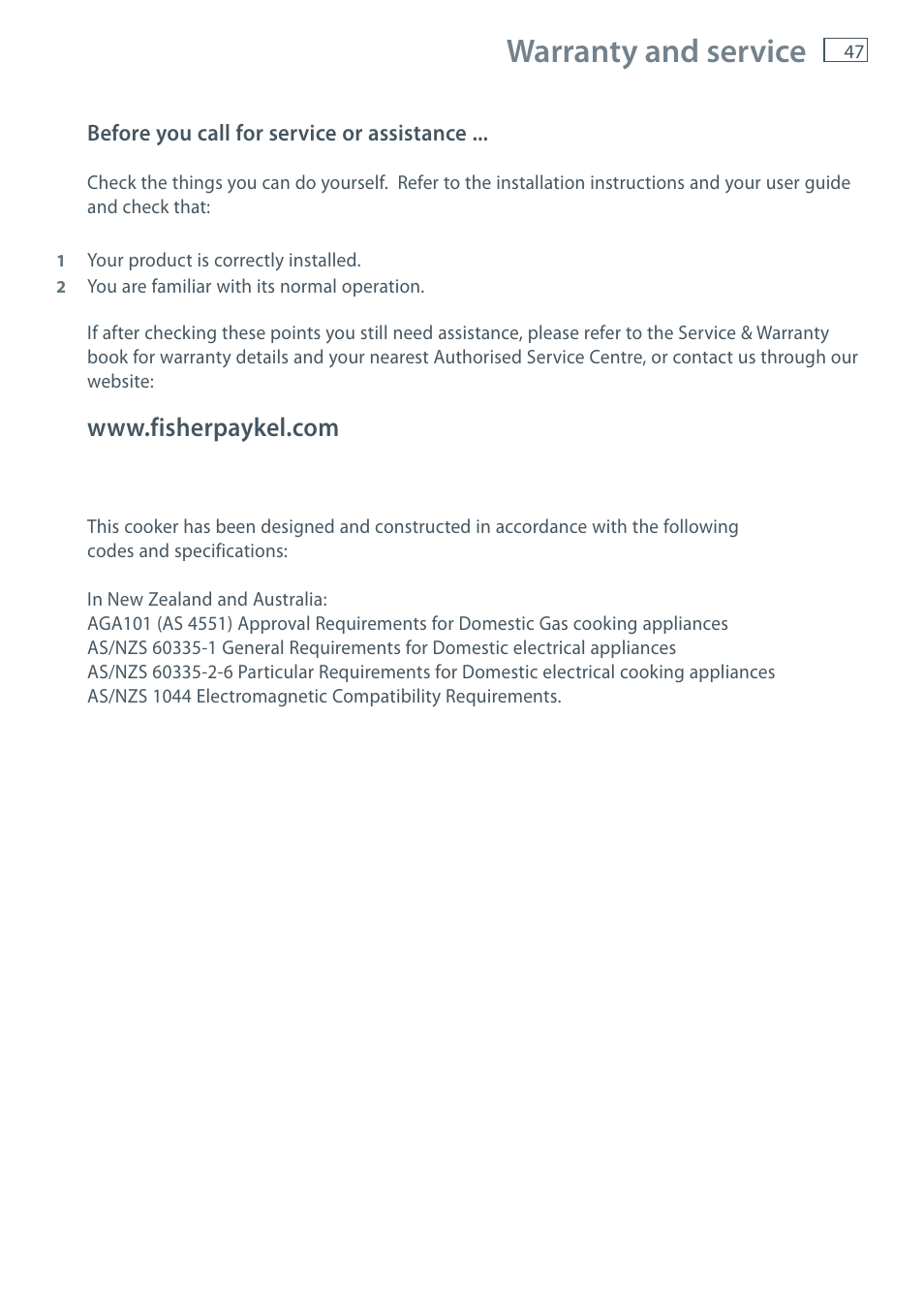 Warranty and service | Fisher & Paykel OR120 User Manual | Page 49 / 52