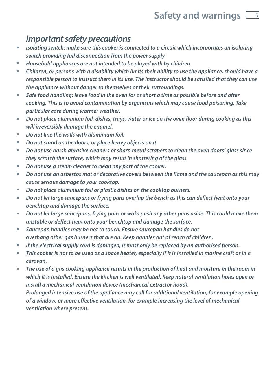 Safety and warnings, Important safety precautions | Fisher & Paykel OR120 User Manual | Page 7 / 52